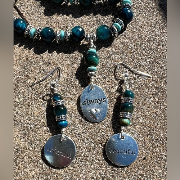 Blue Tigers Eye and Silver Necklace and Earrings Set Handmade - Picture 5 of 16